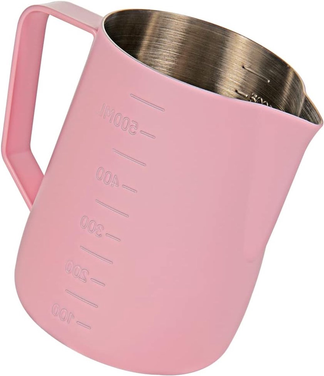 Stoompitcher 600ml, melkopschuimpitcher roestvrij staal met afmetingen, melkopschuimbeker, koffiekan, latte art, roze