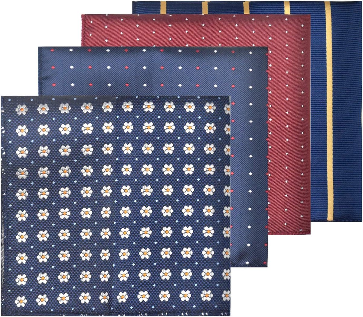 Zakdoeken van polyester zijde, 23 x 23 cm, stoffen pochet vintage vierkante puntstrepen, zakdoeken voor banket, feesten, bruiloften, 4 stuks, rood, blauw, donkerblauw, 23x23 cm