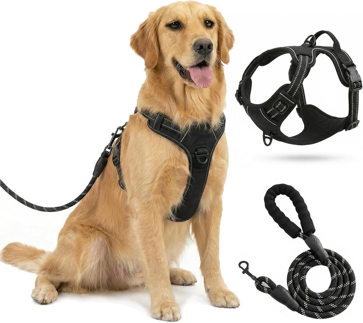 Hondenharnas met handvat, middelgrote en grote honden, ademend, reflecterende strepen, borstharnas, veilige geleiding, zwart, voor dagelijkse training, wandelen, hardlopen, complete set hond - L