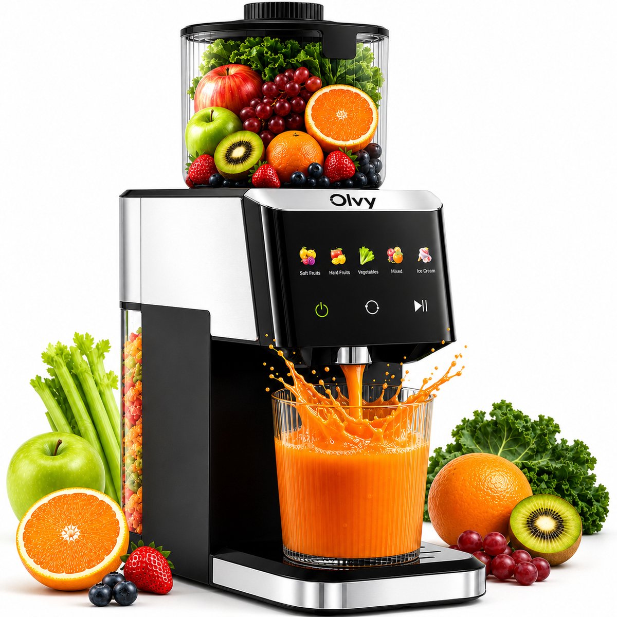 Olvy Slowjuicer - 1500ml Sapcentrifuge met Pulpcontainer - voor Groenten en Fruit - Ijsmachine - BPA-Vrij - Zwart