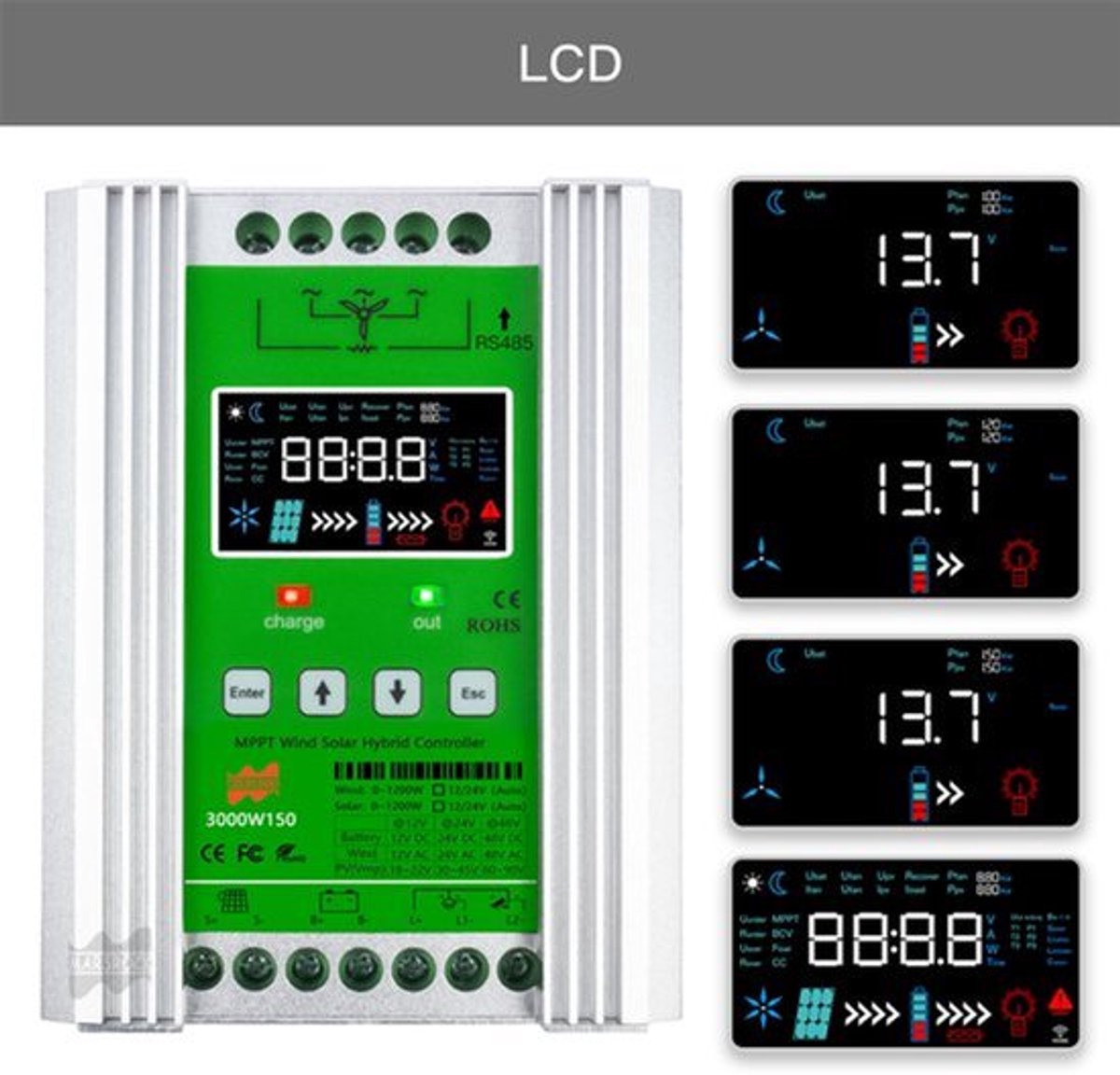 Laadregelaar Hybride - 3000 W MPPT Wind Solar - 12 24 48 V - Met LCD Display - Voor Lifepo4 Lithium Lood-zuur Batterij