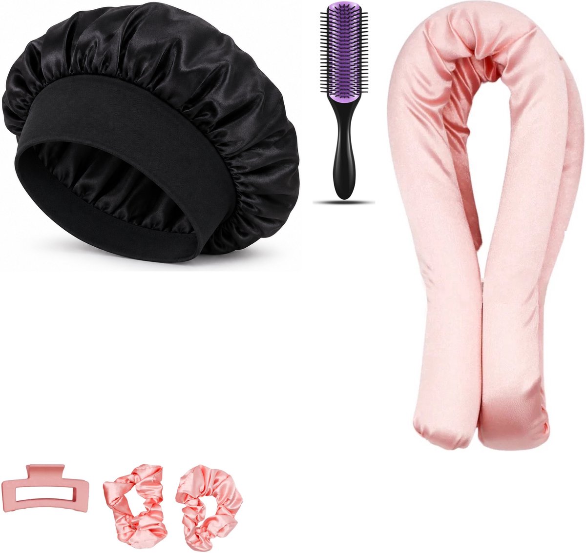 Professor Q Heatless Curls Set - Heatless Curlset met 2 Elastiekjes en Klem - Bonnet Zwart - Purple Black Borstel