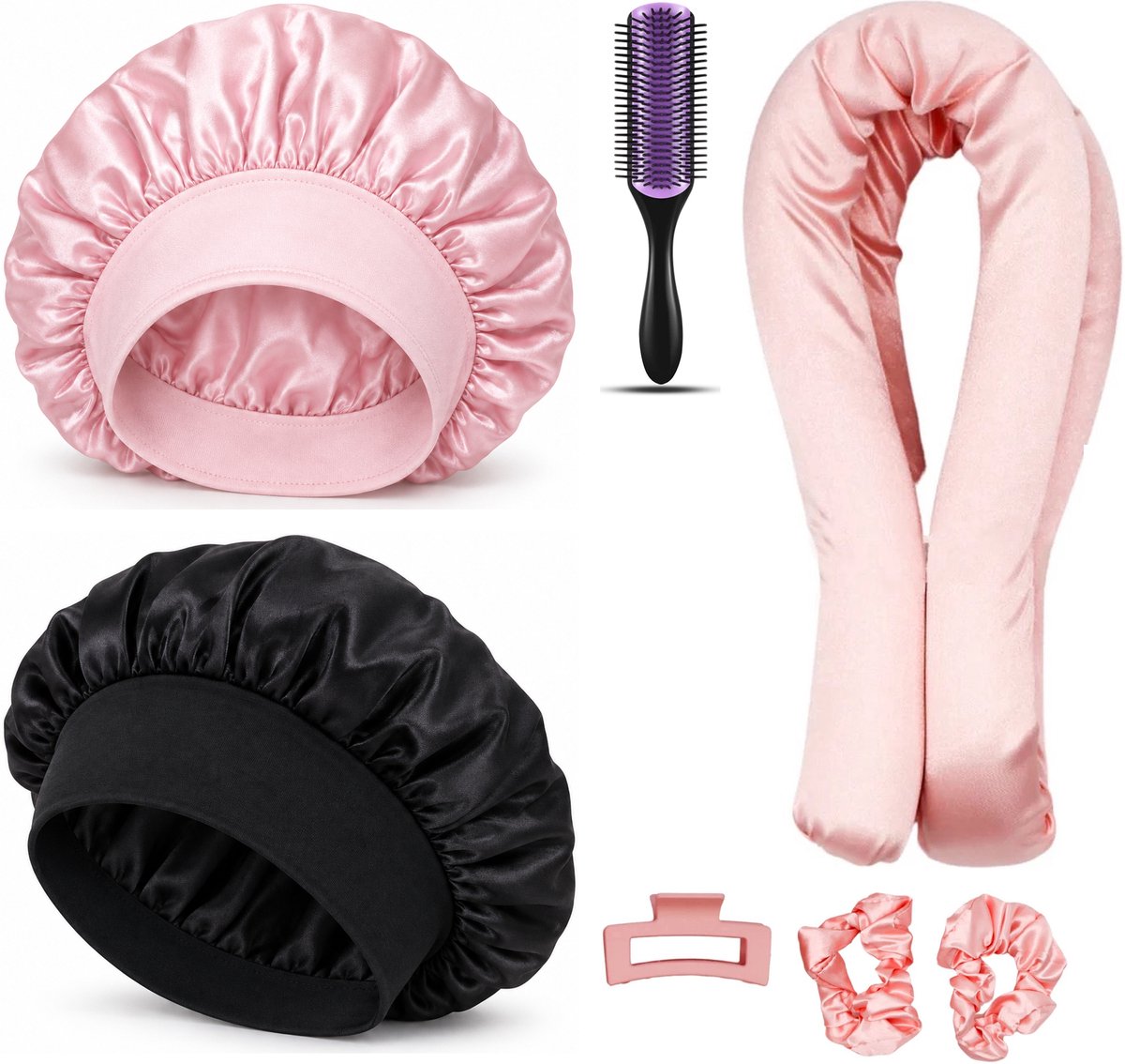 Professor Q Heatless Curls Set - Heatless Curlset met 2 Elastiekjes en Klem - Bonnet Roze - Bonnet Zwart - Purple Black Borstel