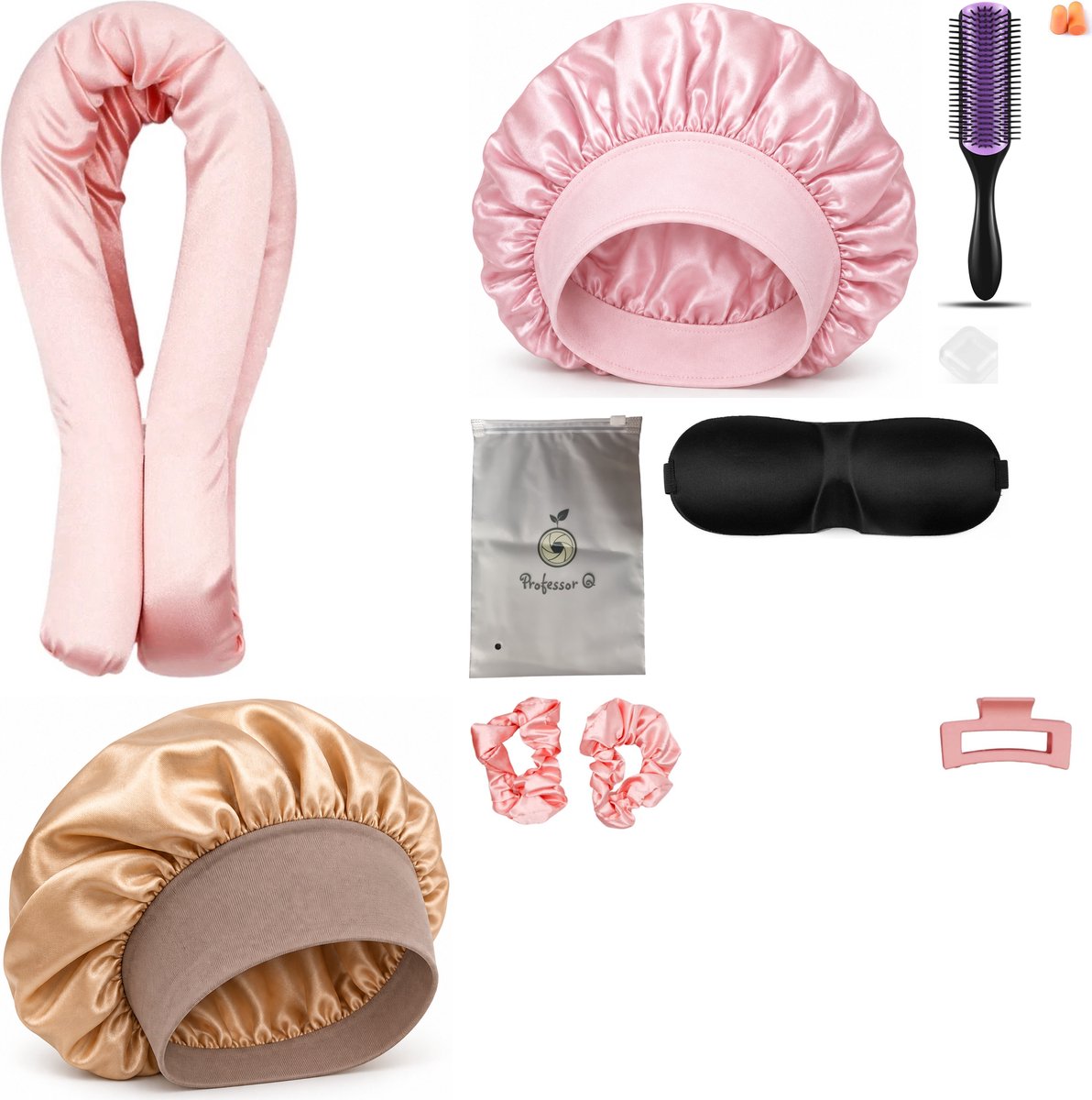 Professor Q Heatless Curls Set - Heatless Curlset met 2 Elastiekjes en Klem - Bonnet Roze - Bonnet Goud - Purple Black Borstel - Slaapmasker Zwart
