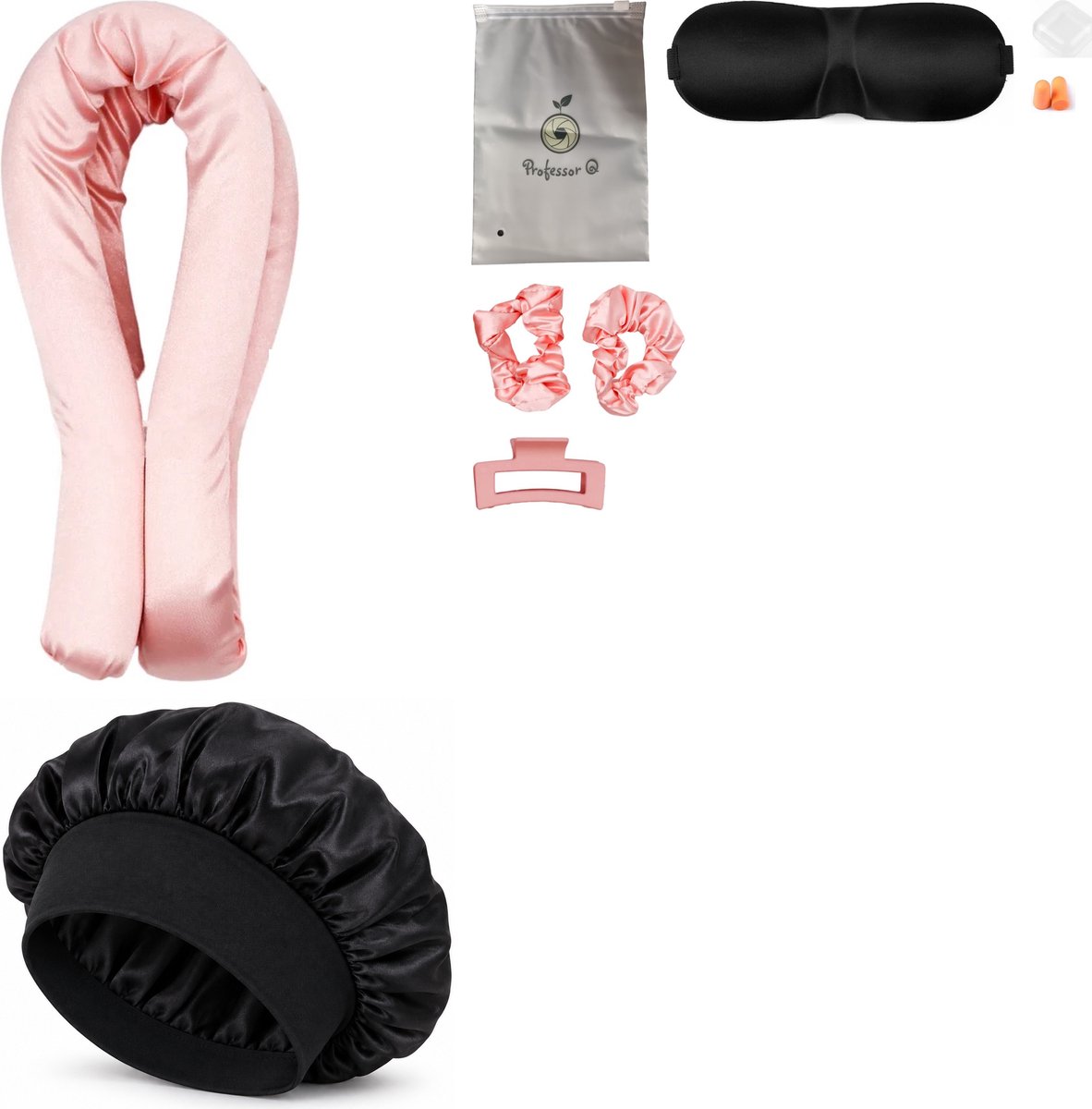 Professor Q Heatless Curls Set - Heatless Curlset met 2 Elastiekjes en Klem - Bonnet Zwart - Slaapmasker Zwart