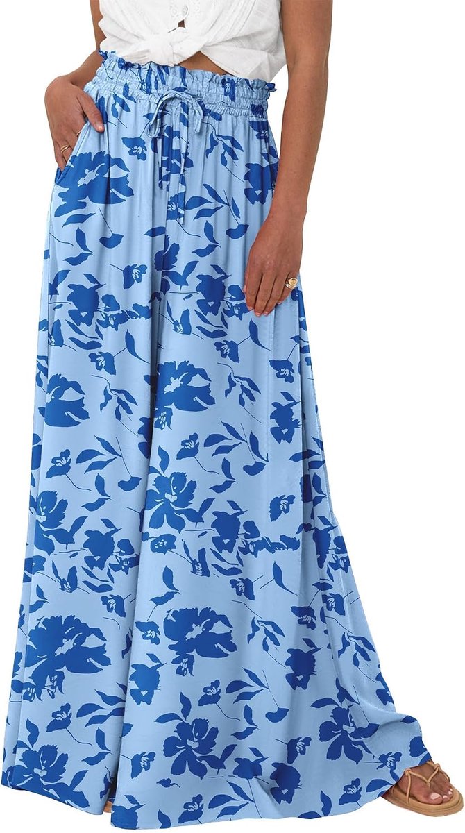 Broek voor dames, wijde pijpen, zomerbroek, lichte palazzo-broek, elegante wijde broek, comfortabele baggy hoge taille, vrijetijdsbroek, boho-bloemen/effen stof, strandbroek met zakken