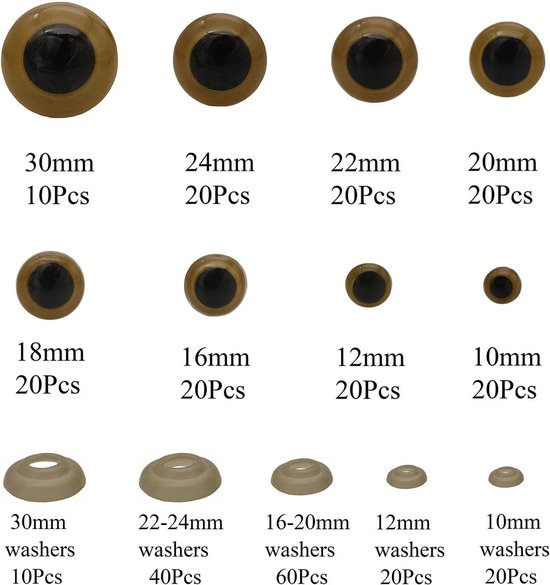 150Pcs 10-30Mm Gouden Grote Plastic Veiligheid Ogen Craft Veiligheid Ogen Diy Ogen Met Wasmachines Voor Pluche Dier Teddybeer Pop Poppen Ambachten — afbeelding 2