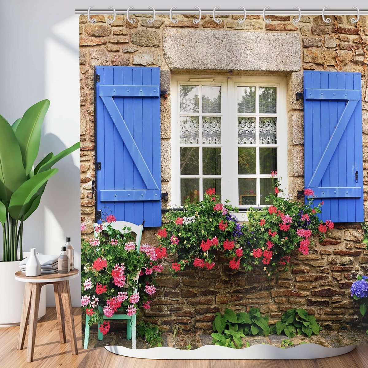 Douchegordijnen Bloemen Planten Blauwe Venster Stenen Muur Buitenlands Landschap Beeld Natuur Badkamer Gordijnen met Hakjes Waterdichte Stof Wasbare Bad