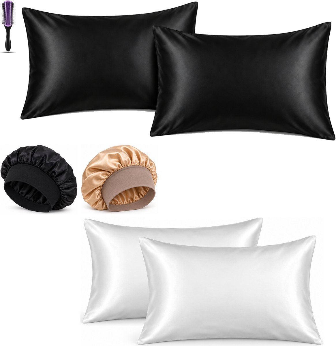 Professor Q Haar- en Slaapset - 2 Kussenslopen Wit 60 x 70 cm - 2 Kussenslopen Zwart 60 x 70 cm - Bonnet Zwart - Bonnet Goud - Purple Black Borstel