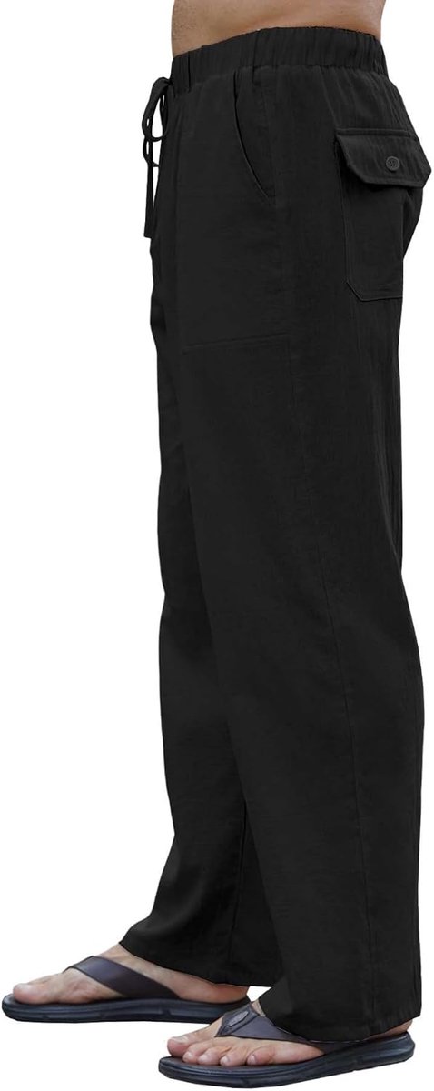 Linnen herenbroek, lange zomerbroek, licht en ademend, rechte pijpen met elastische tailleband, broek met zakken en trekkoord, casual strandbroek