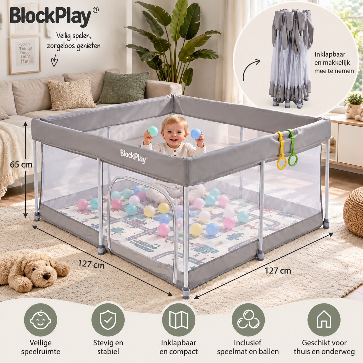 BlockPlay® Grondbox inklapbaar Baby 127x127 cm - Speelbox - Playpen - Kinderbox – Kruipbox – Ballenbak - Inclusief speelmat 50 speelballen draagtas en 2 optrek hendels – Grijs – foto 2