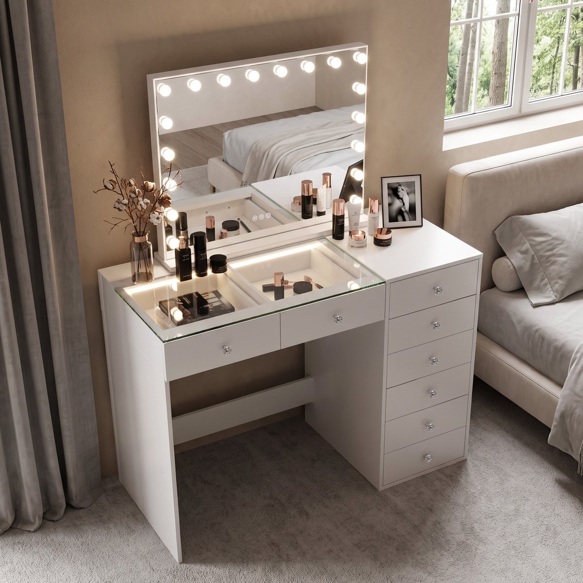 VANITII GLOBAL Kaptafel met Spiegel Verlichting Licht LED 8 Lades Wit 120 x 55 x 139 cm