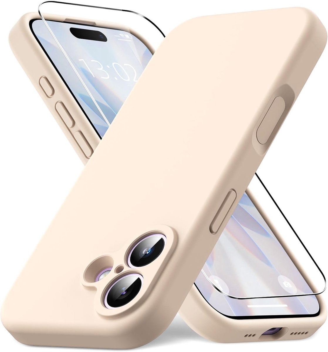 Vloeibare siliconen hoes voor iPhone 17, zachte, krasbestendige microvezelvoering, 1 pantserglas, stootvaste beschermhoes, roze
