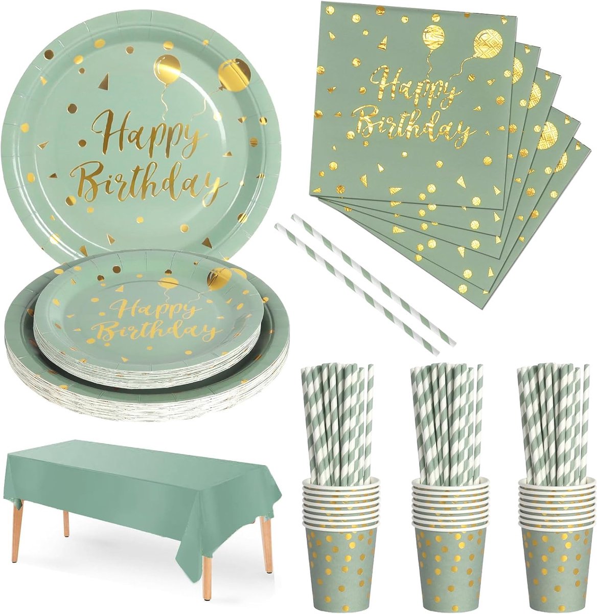 Feestservies 121 Stuks Goud Groen Salie Happy Birthday-Thema Kinderverjaardag Decoratie Feestaccessoires Set inclusief Papieren Borden Servetten Kopjes, voor Feestbenodigdheden - 24 Gasten