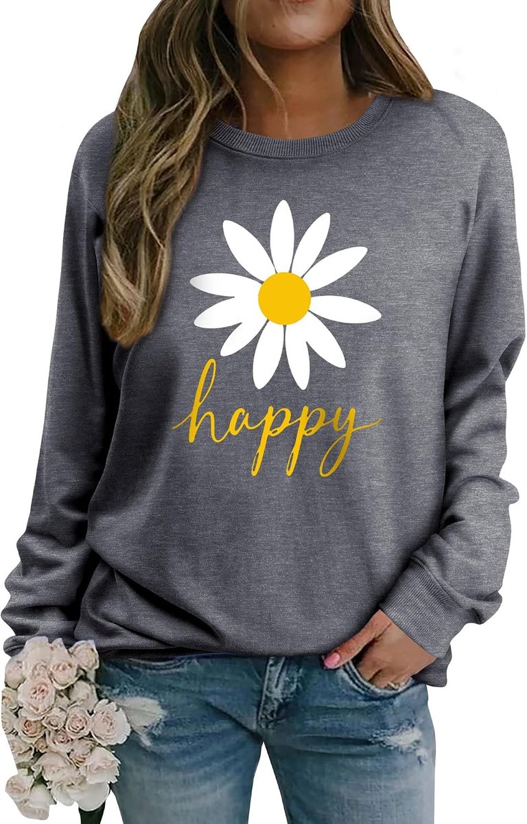 sweatshirt met madeliefjespatroon Zachte ronde hals katoenen trui Casual bloemen Shirt Comfortabel Vrouwen Top