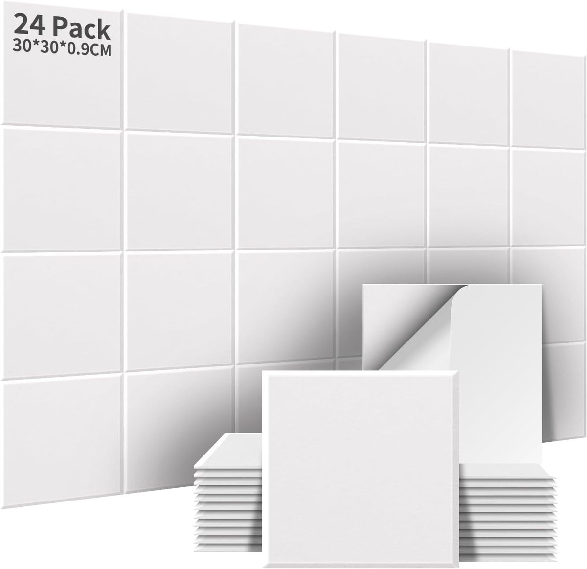 24 Stuks Akoestische Panelen Zelfklevend, Akoestische Panelen Geluidsabsorberend Hoge Dichtheid, Akoestische Behandeling en Wanddecoratie voor Opnamestudio, 30x30x0.9cm, Wit