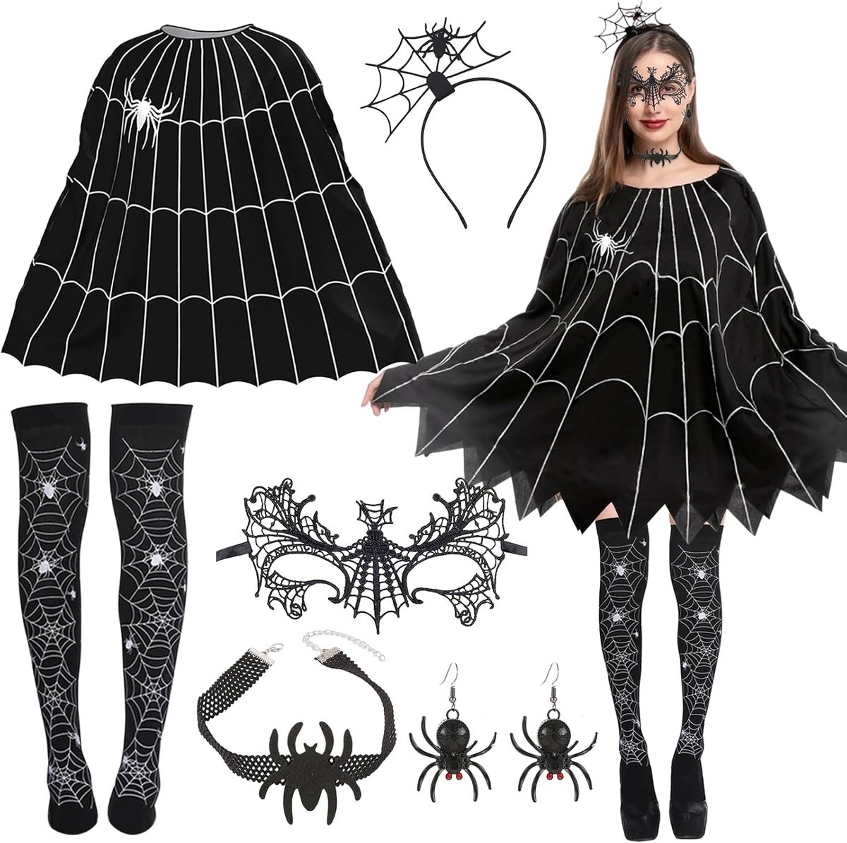 Spinnenkostuum, 6 stuks spinnenkostuum voor dames, spinnennet, poncho, spinnenmasker, spinnenoorbellen, spin, haarbanden voor volwassenen, Halloween, carnaval, cosplay