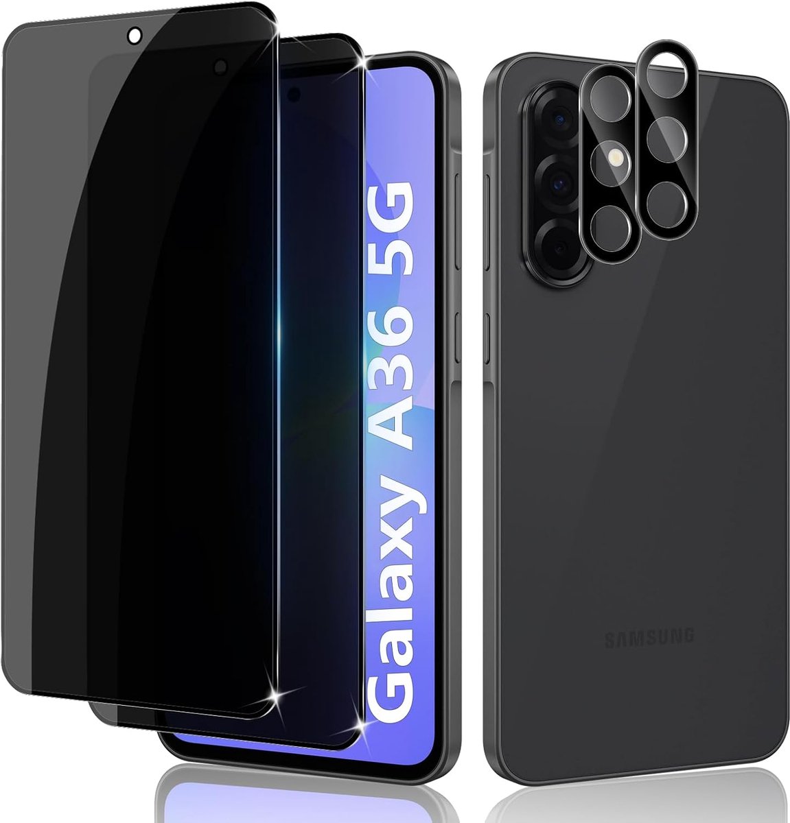 Glass Spy Cover for Samsung Galaxy A36 5G, 2pcs Privacy Screen Protector & 2pcs Rear Camera Cover, Hardness 9H Glass Film