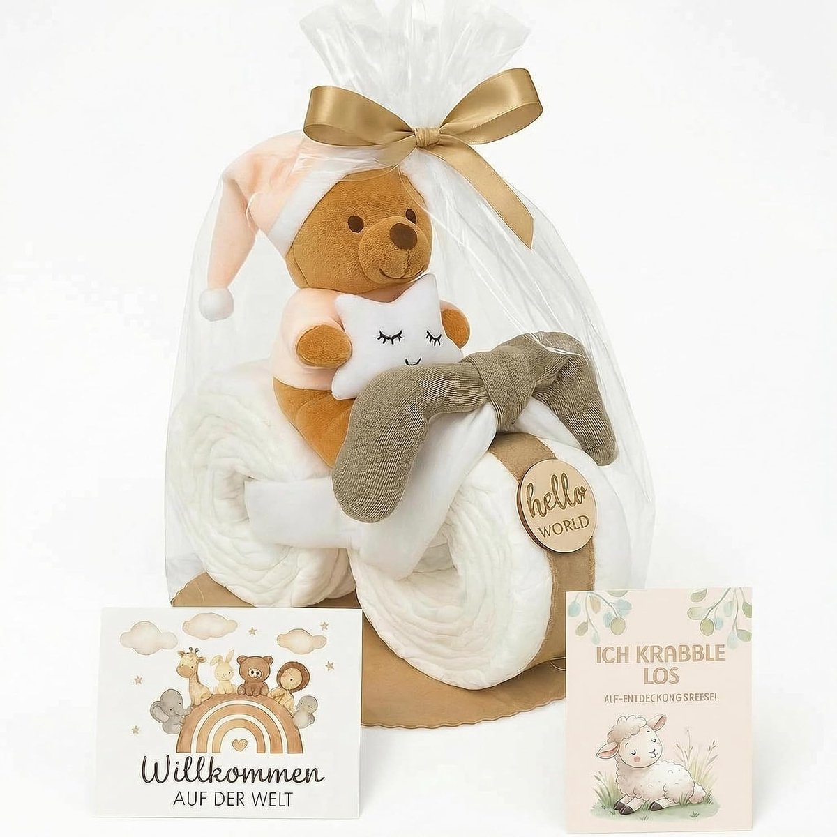 Luiertaart voor meisjes en jongens, motorfiets met teddy, boho, vintage, handgemaakt, babycadeau voor geboorte met Hello World-schild, luier, babysokken en premium luiers, neutraal