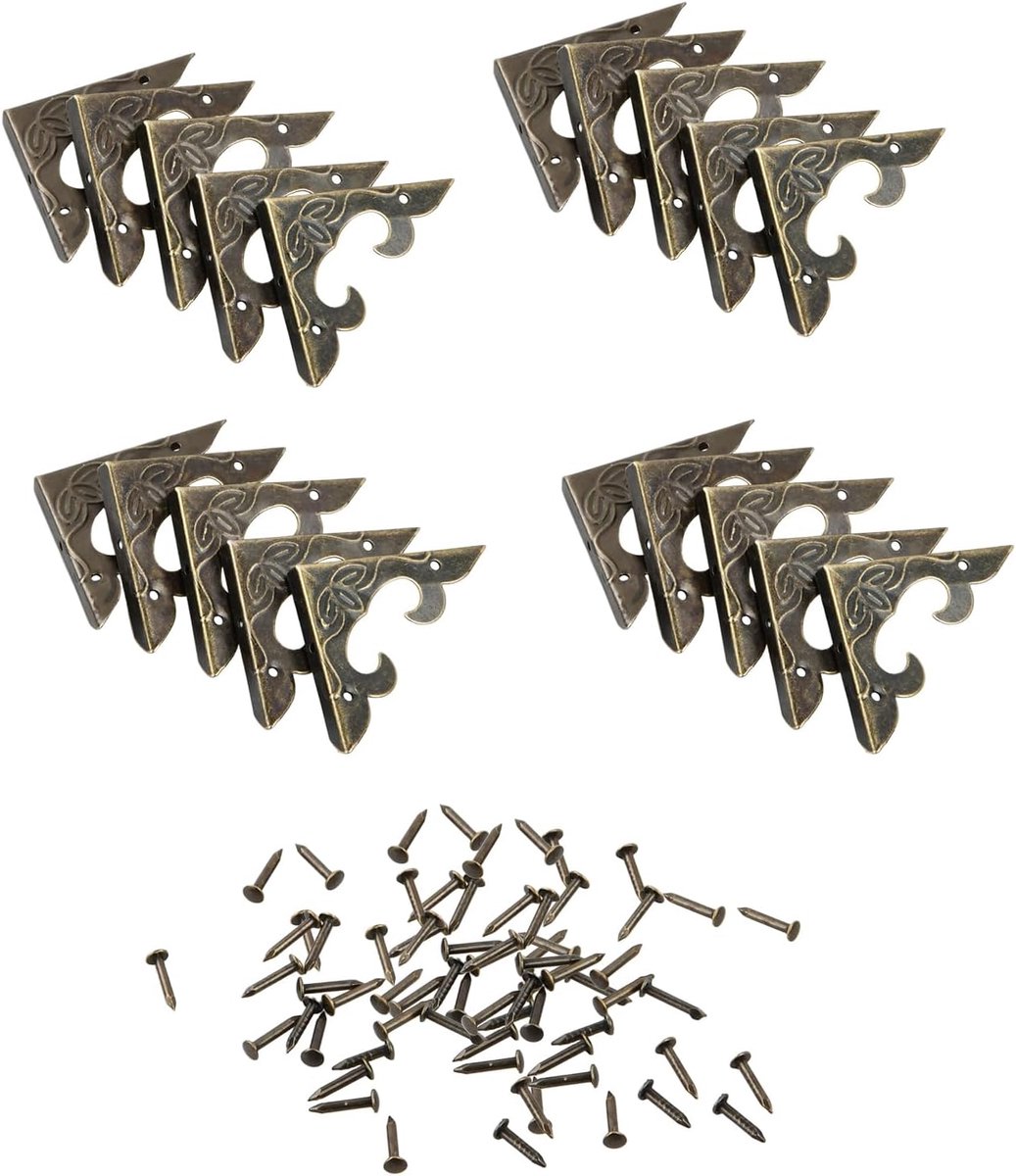 20 stuks antieke meubelhoeken, randbescherming, vintage box, randbescherming met 40 schroeven, decoratieve metalen hoeken voor meubels, sieradendoos, geschenkdoos, houten kist, kast