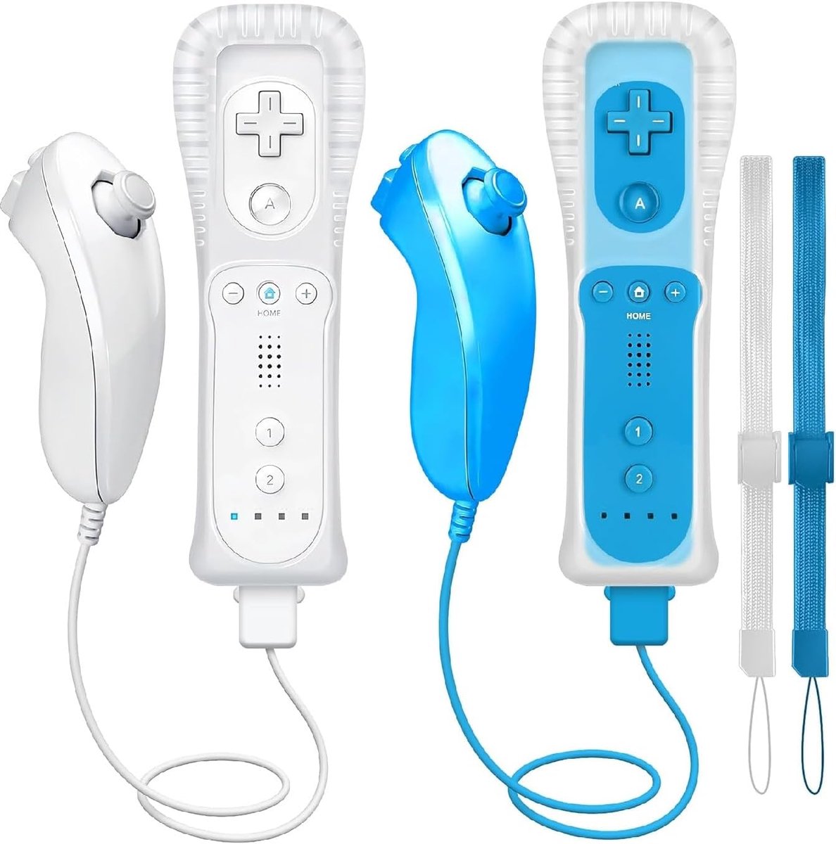 (2 sets, 8 stuks, wit + blauw) vervangende afstandsbedieningsset voor Nintendo Wii/Wii U-consoles met Motion Plus, 2 stuks (afstandsbedieningen + analoge joysticks + siliconen hoes +