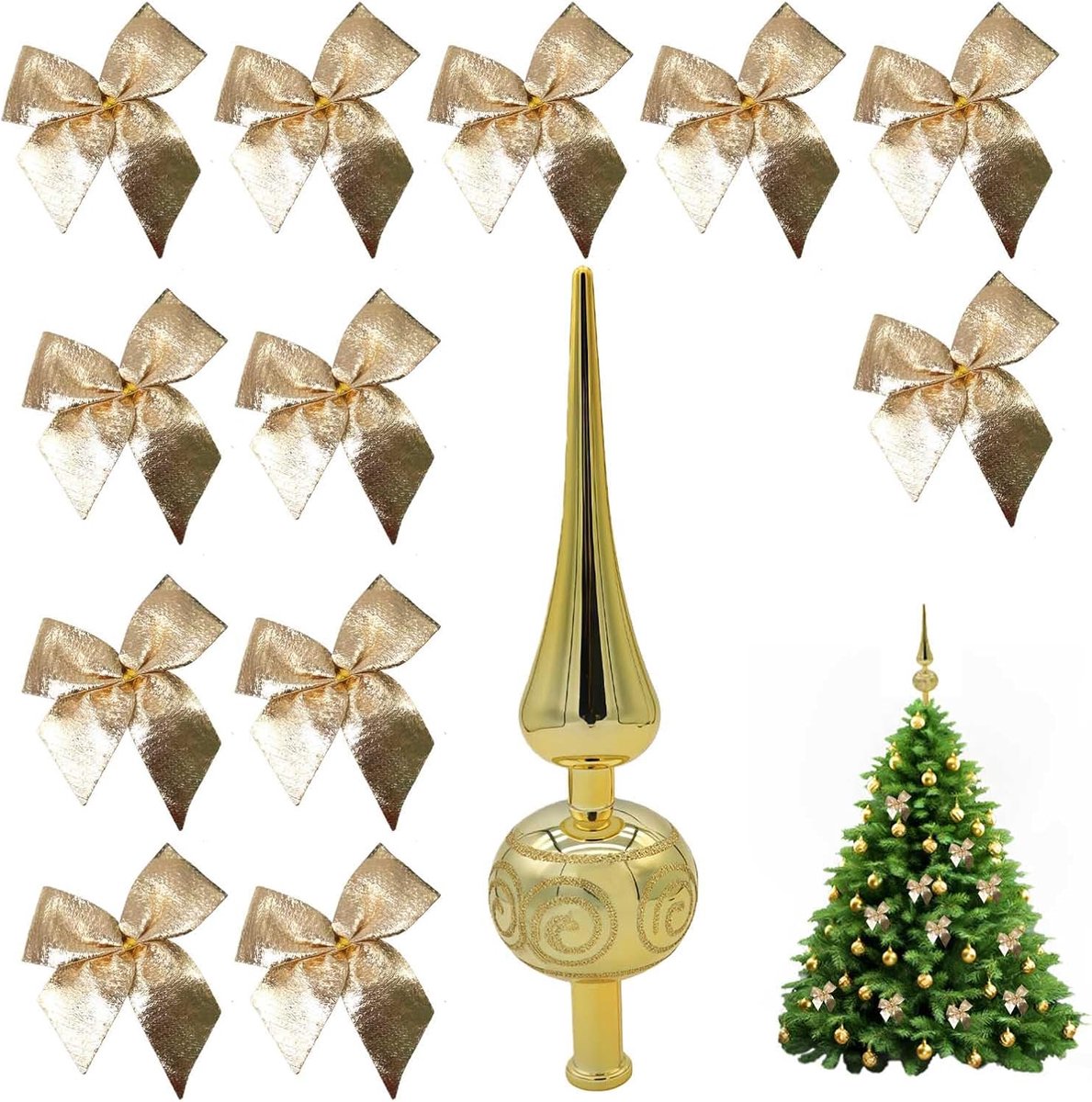 Kerstboompiek Ster, Traditionele Stervorm, Gouden Afwerking, Inclusief 12 Strikjes, Voor Binnen en Buiten