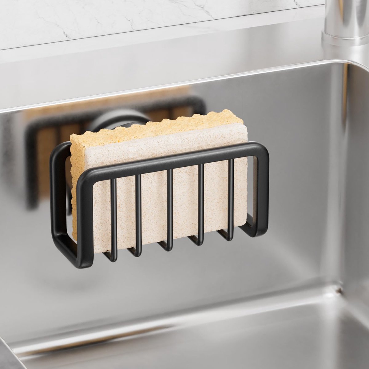 Famanu – Eenvoudige Sponshouder met Sucion Cup, Sink Caddy voor Keuken - Zwart