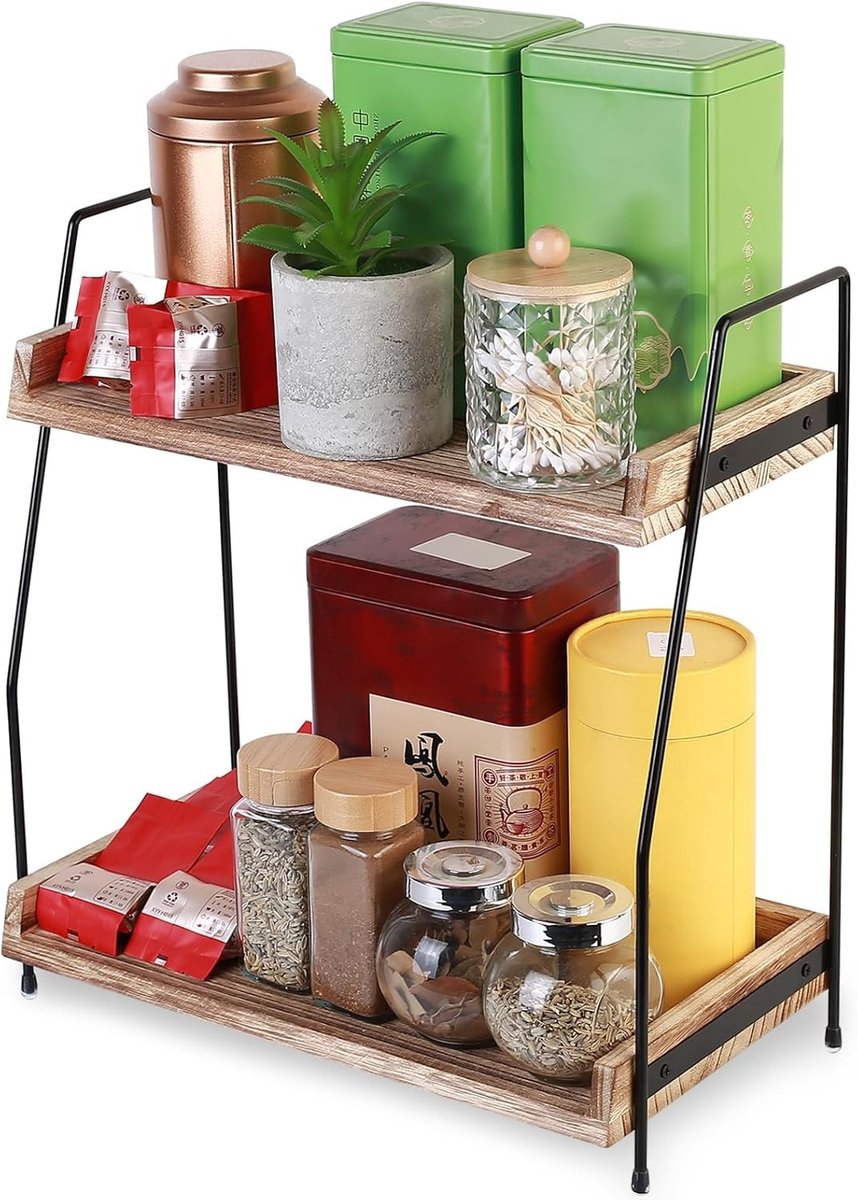 Houten Koffiestation Organizer voor Keuken - 2 Laags Plank voor Koffie en Thee Accessoires, Perfect voor Thuis en Kantoor, Ruimtebesparend en Stijlvol Design