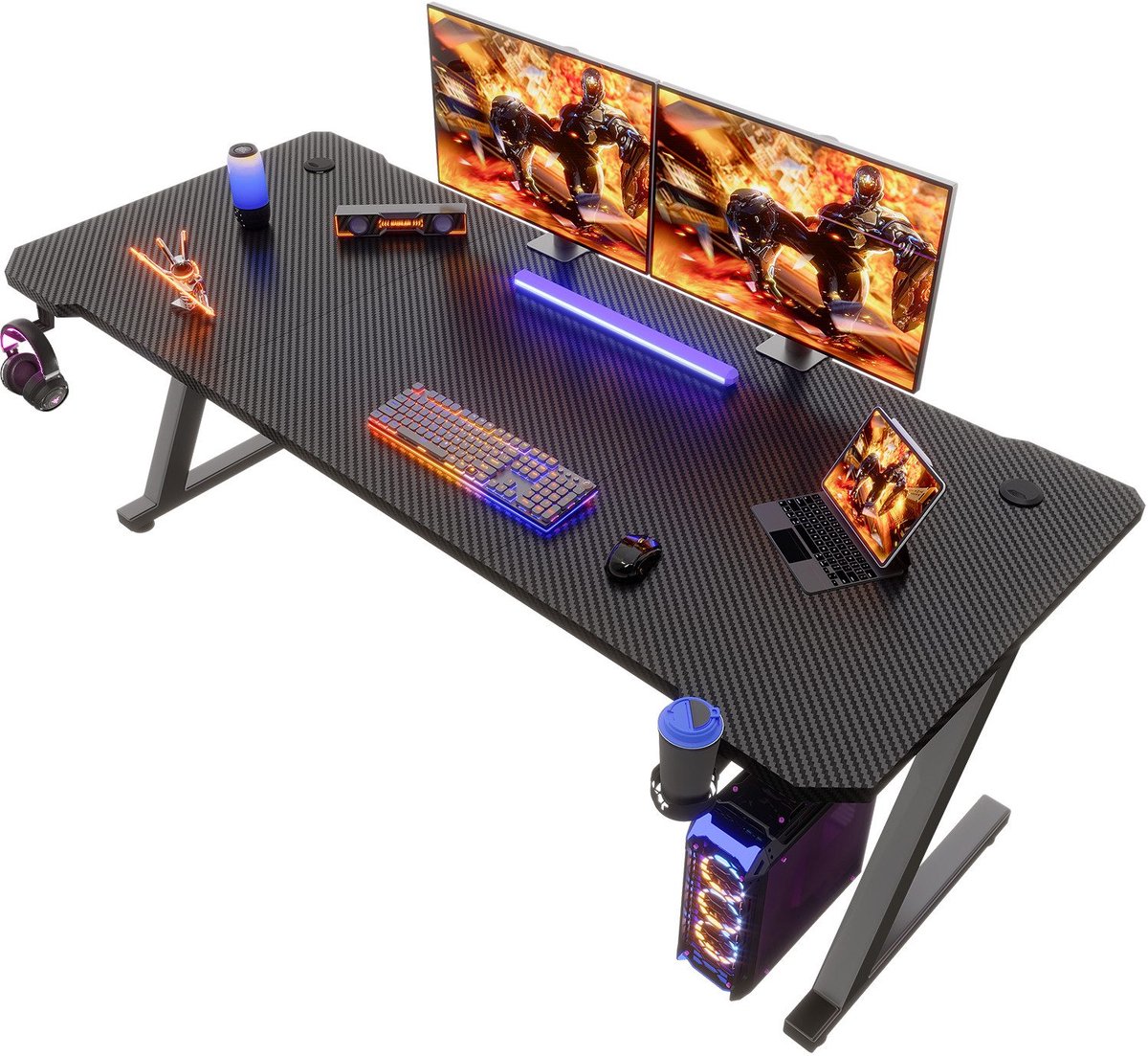 Devoko Gamingbureau 160*55 cm Breed – Carbonlook Bureau met Z-vormig Stalen Frame – Draagvermogen 80 kg – Koptelefoonhaak en Kabeldoorvoeren – Zwart