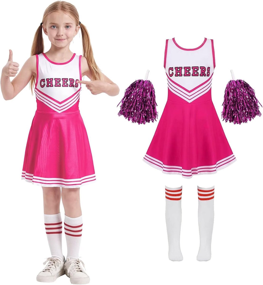 Uniform jurk, cheerleader-kostuum, kinderoutfit, meisjes, met pompons, sokken, Halloween, Kerstmis, carnaval, prinses, verjaardag, party, verkleedkleding