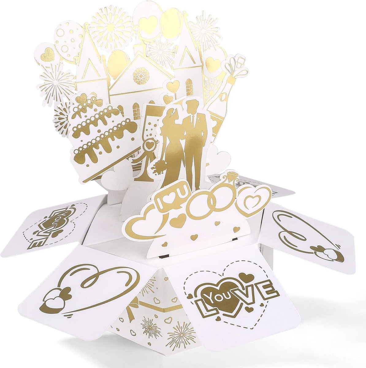Pop-up Trouwkaart, 3D Pop-up Wenskaart met Envelop Verlovingskaarten voor Bruid en Bruidegom Bruiloftscadeaus Feestdecoratie (Wit en Goud)
