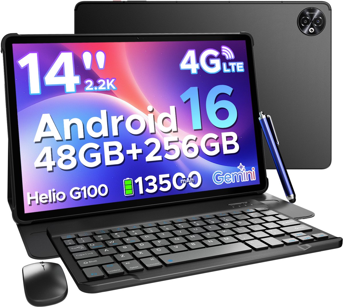 Doogee TAB E3 Max VIP - Tablet - 48 GB RAM + 256 GB ROM /TF 2TB - MTK Helio G100 - 14 inth Ips - Android 16 - 13500mAh - 4G LTE - 5G WLAN - Vier luidsprekers - GPS - Zwart