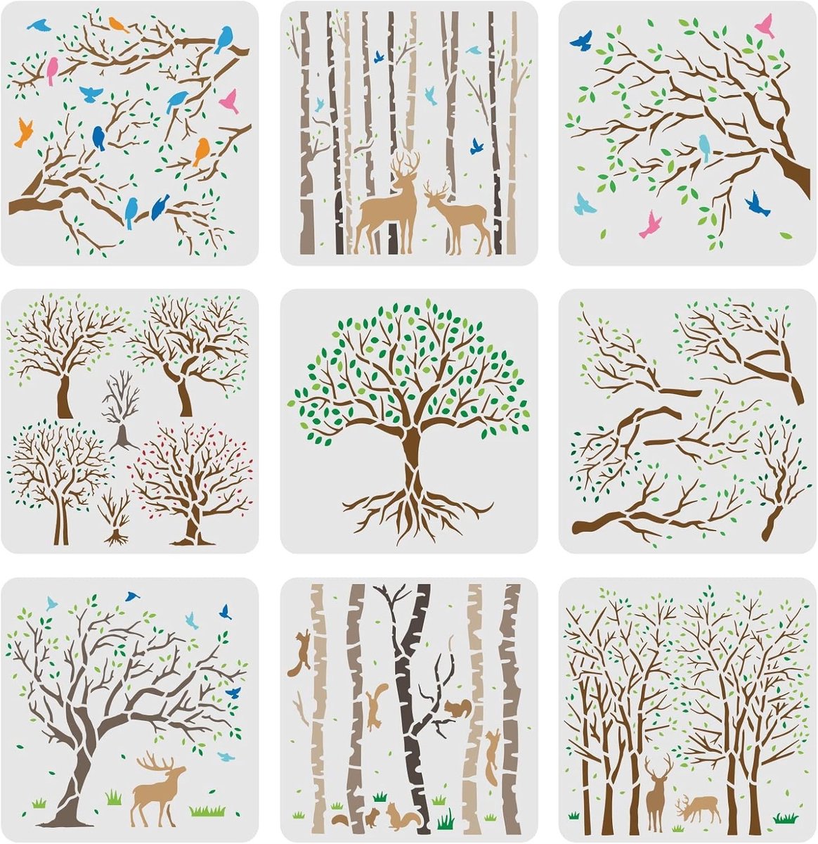 9-delige Boom Sjablonen Set 20x20cm - Herbruikbare Sjablonen voor Schilderen op Hout, Canvas, Papier en Vloeren met Vogels en Levensboom Ontwerpen