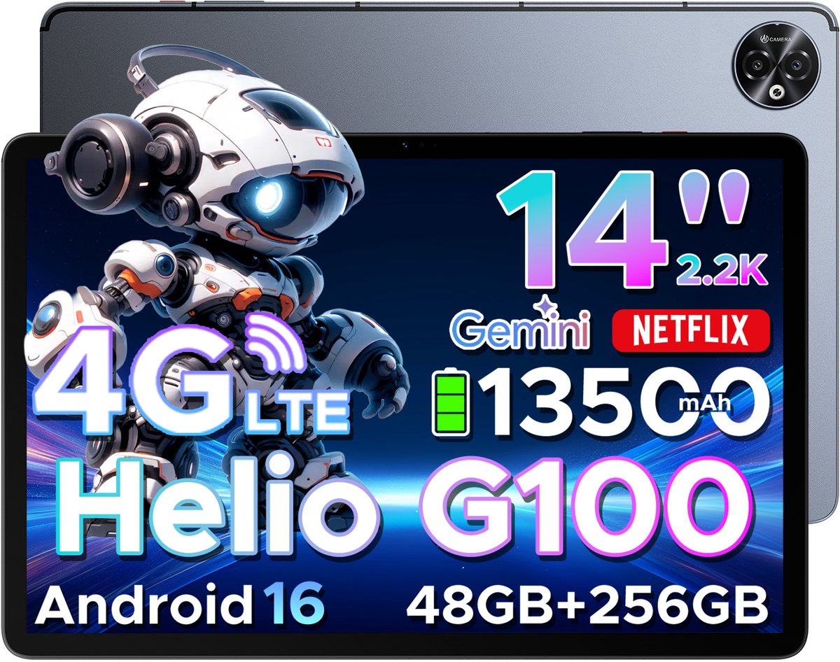 DOOGEE Tab E3 Max - Tablet - 48GB ROM+256GB ROM（2TB TF）- Android 16 - 14 inth IPS - 4G LTE - Gemini AI - Helio G100 - 13500mAh/18W - Quad Speakers - Face ID - 5G Wi-Fi - A GPS - GPS - Grijs