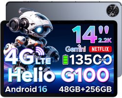 DOOGEE Tab E3 Max - Tablet - 48GB ROM+256GB ROM（2TB TF）- Android 16 - 14 inth IPS - 4G LTE - Gemini AI - Helio G100 - 13500mAh/18W - Quad Speakers - Face ID - 5G Wi-Fi - A GPS - GPS - Grijs