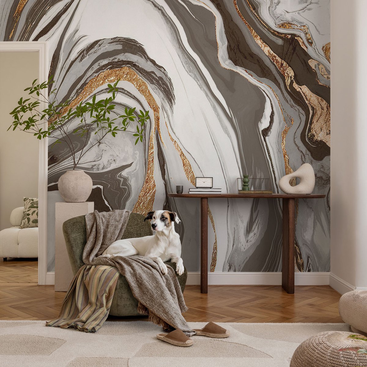 Coloray Vliesbehang - Grijs Snellijm Behang - 104x70 cm - Marmeren Wervelingen Fotobehang Vlies - Hal behang Texturen - Muurschildering - Woonkamer behang