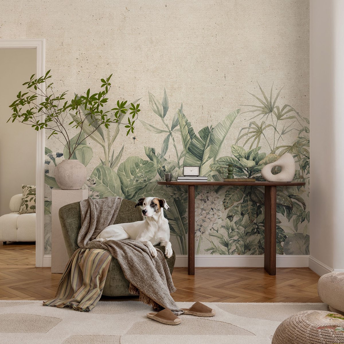 Coloray Vliesbehang - Beige Snellijm Behang - 104x70 cm - Tropische Jungle Fotobehang Vlies - Hal behang Bloemen En Planten - Muurschildering - Hal behang