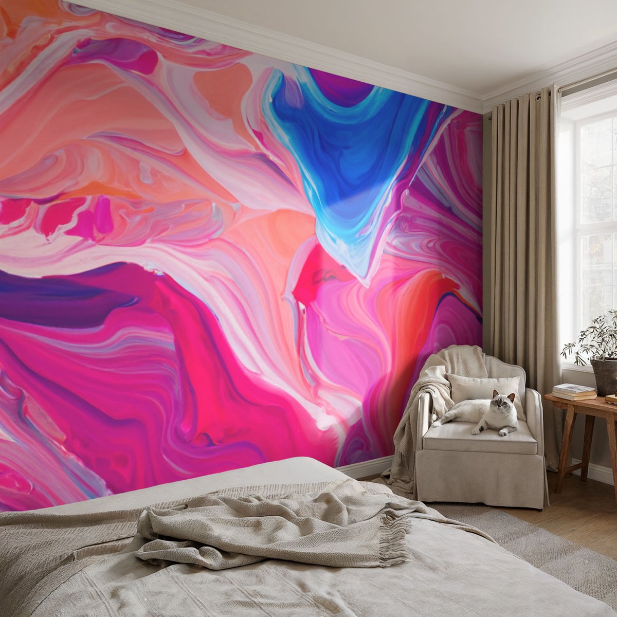 Coloray Vliesbehang - Roze Snellijm Behang - 104x70 cm - Vloeibare Golven Fotobehang Vlies - Woonkamer behang Abstractie - Muurschildering - Woonkamer behang