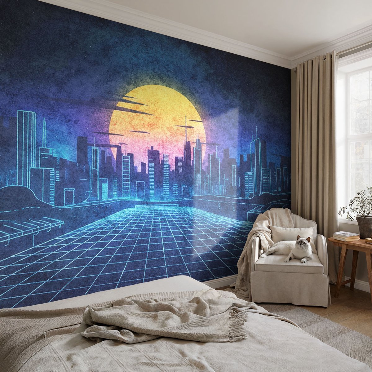 Coloray Vliesbehang - Blauw Snellijm Behang - 104x70 cm - Futuristisch Landschap Muurschildering - Gang behang Steden - Fotobehang Vlies - Gang behang