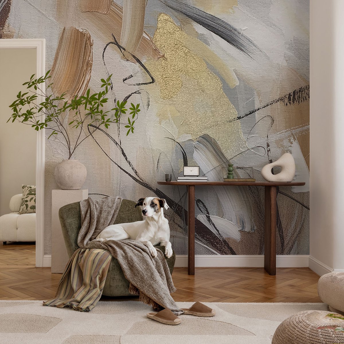 Coloray Vliesbehang - Beige Snellijm Behang - 104x70 cm - Abstracte Compositie Fotobehang Vlies - Hal behang Abstractie - Muurschildering - Hal behang