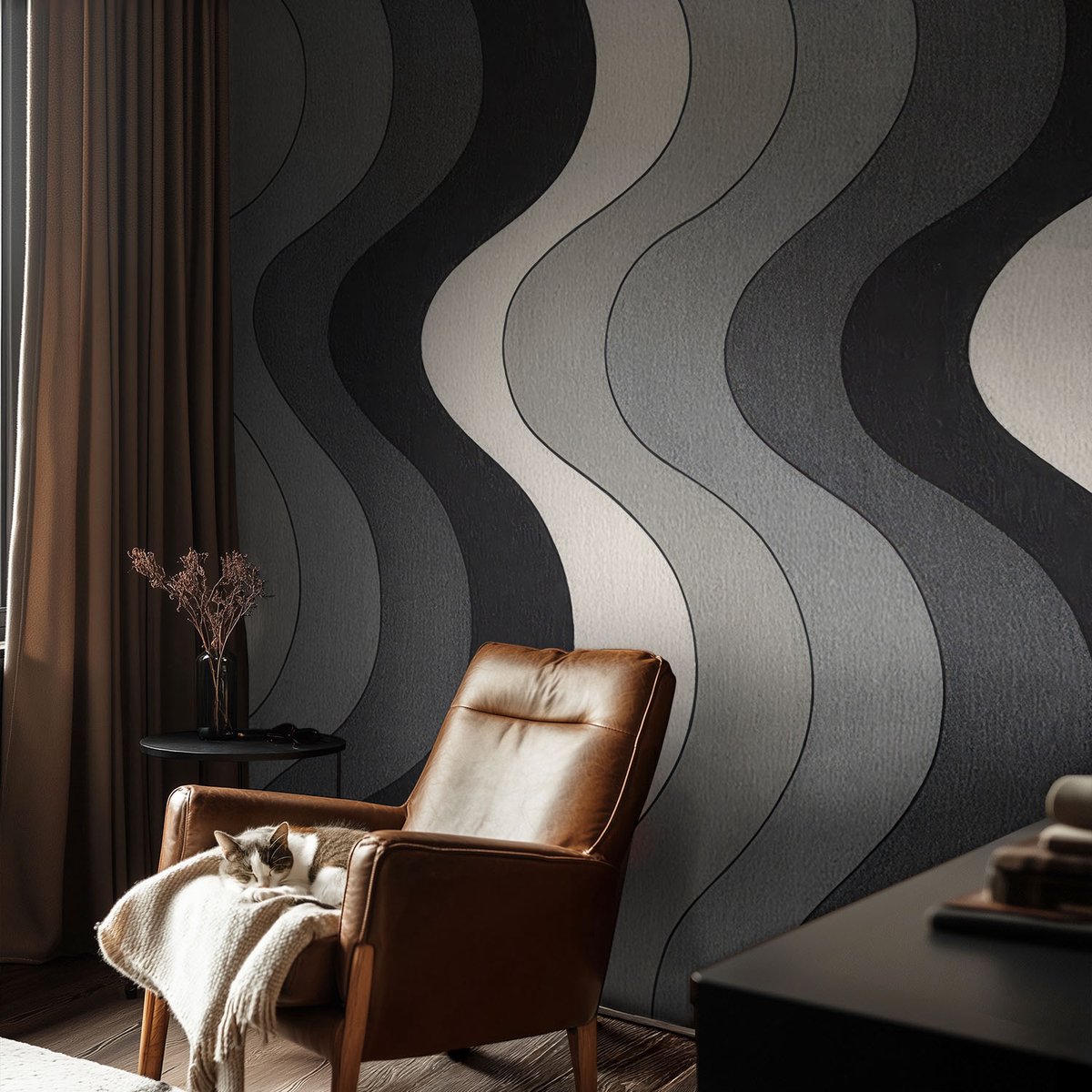 Coloray Vliesbehang - Grijs Snellijm Behang - 104x70 cm - Grijze Golven Fotobehang Vlies - Woonkamer behang Geometrie - Muurschildering - Woonkamer behang