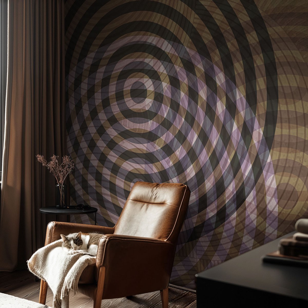 Coloray Vliesbehang - Bruin Snellijm Behang - 104x70 cm - Hypnotiserende Cirkels Muurschildering - Gang behang Abstractie - Fotobehang Vlies - Slaapkamer behang