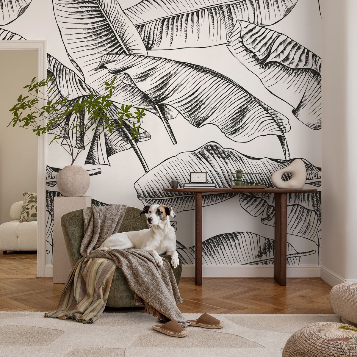 Coloray Vliesbehang - Zwart-Wit Snellijm Behang - 104x70 cm - Bananenbladeren Muurschildering - Gang behang Bloemen En Planten - Fotobehang Vlies - Slaapkamer behang
