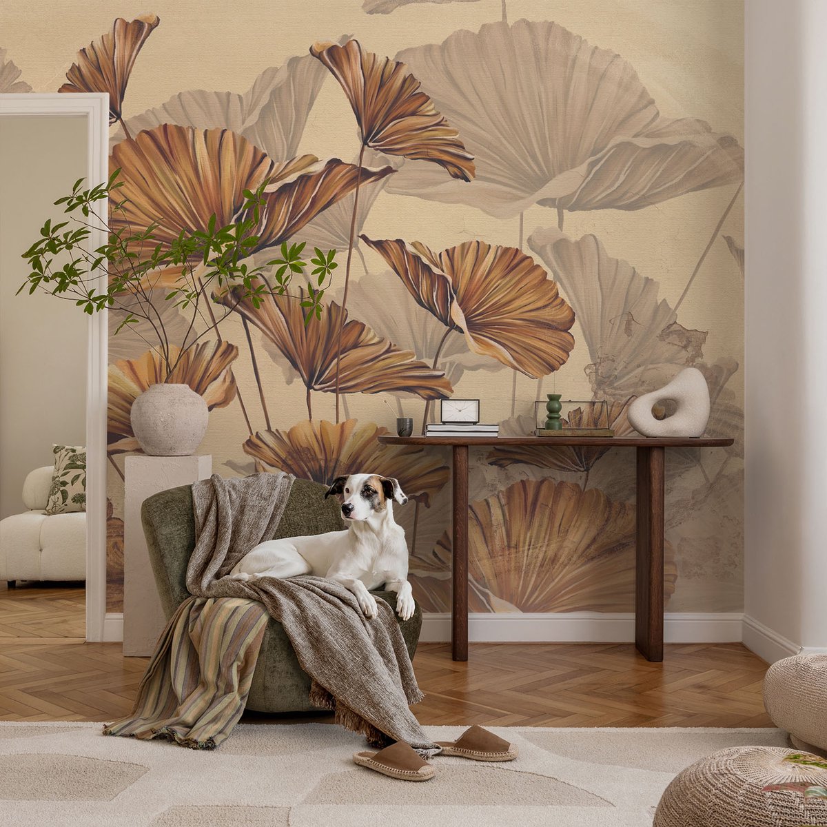 Coloray Vliesbehang - Beige Snellijm Behang - 104x70 cm - Herfstachtige Elegantie Muurschildering - Gang behang Bloemen En Planten - Fotobehang Vlies - Slaapkamer behang