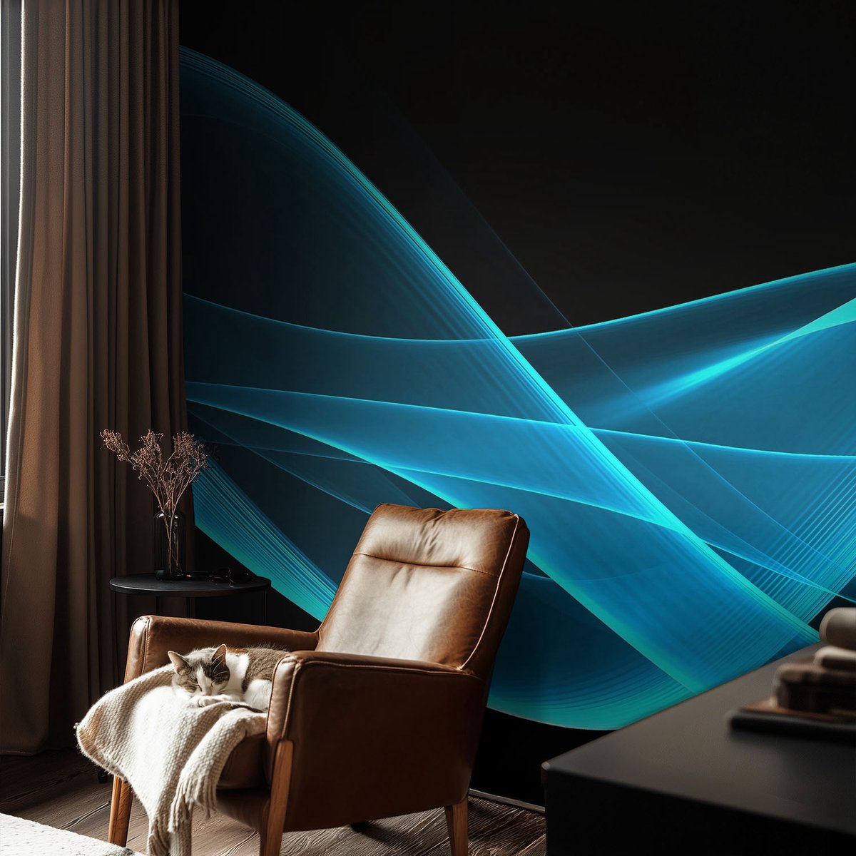 Coloray Vliesbehang - Zwart Snellijm Behang - 104x70 cm - Opvallende Golven Fotobehang Vlies - Woonkamer behang Abstractie - Muurschildering - Hal behang