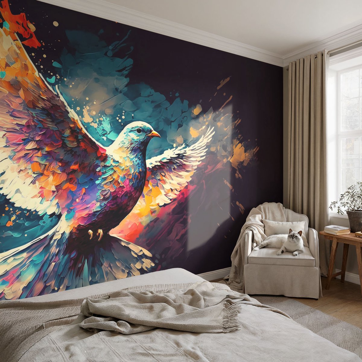Coloray Vliesbehang - Blauw Snellijm Behang - 104x70 cm - Kleurrijke Vogel Fotobehang Vlies - Hal behang Abstractie - Muurschildering - Woonkamer behang