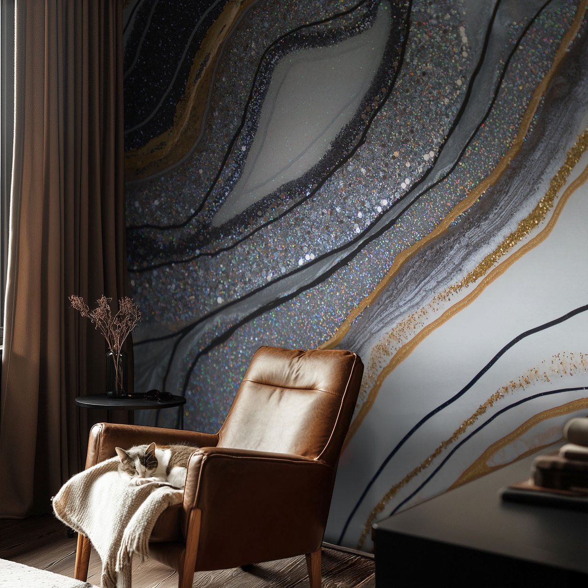 Coloray Vliesbehang - Zwart Snellijm Behang - 104x70 cm - Steengolven Fotobehang Vlies - Hal behang Abstractie - Muurschildering - Woonkamer behang