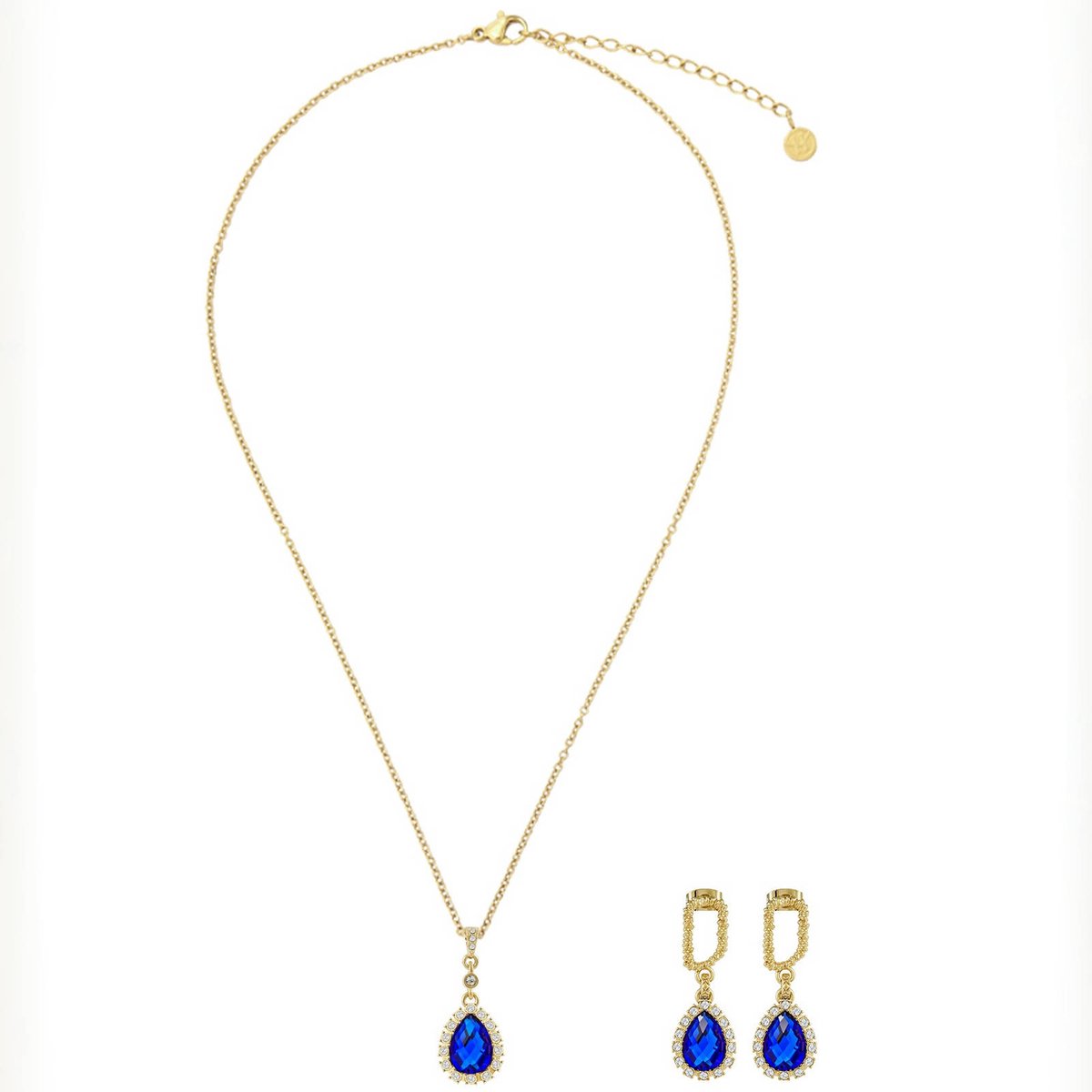 Victoria Hyde "Princess Drop Set" - Sieradenset - Dames Sieraden - ketting en oorringen zirkonia - Goudkleurig - blauw - Lange Ketting - Luxe Cadeauset voor Haar
