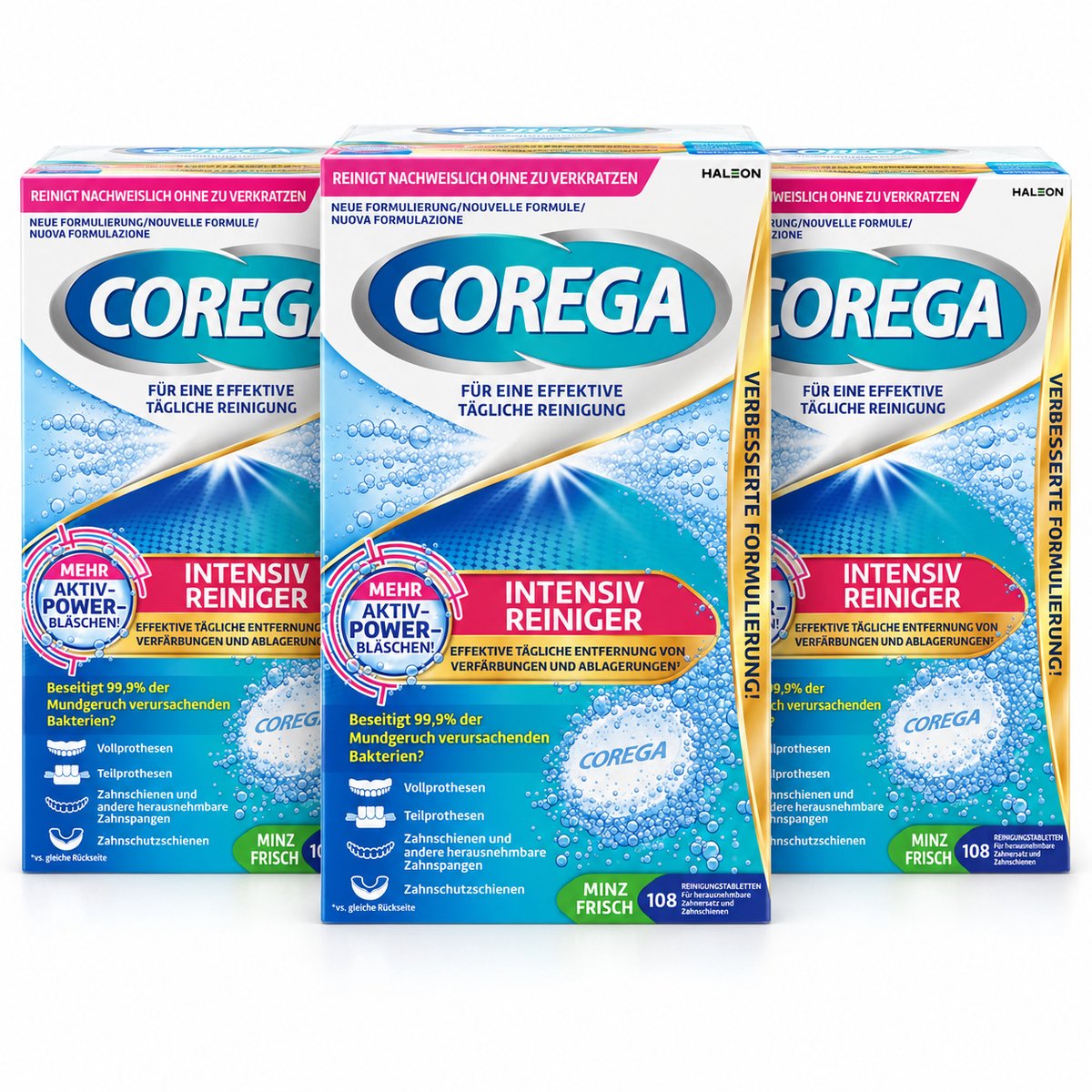Corega 3 x Gebitsreiniger Tabletten Intensiv – 324 stuks – effectief tegen verkleuring en aanslag- 3 verpakkingen