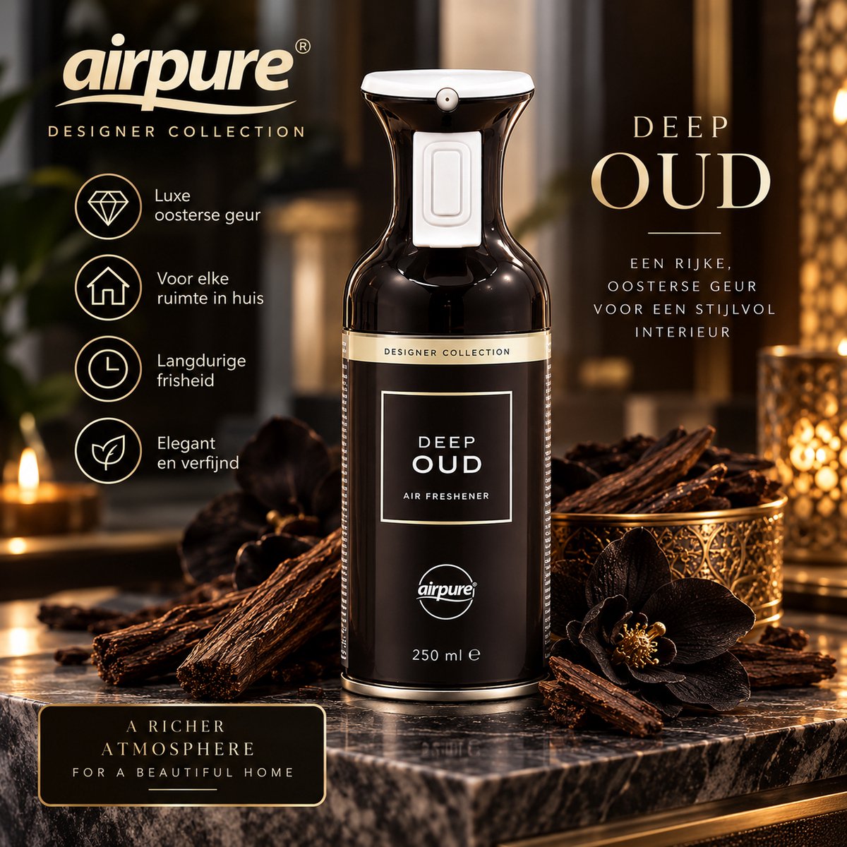 Airpure Designer Collection Deep Oud Luchtverfrisser 250 ml – Luxe Roomspray – Warme Oosterse Oud Geur – 1 Stuk